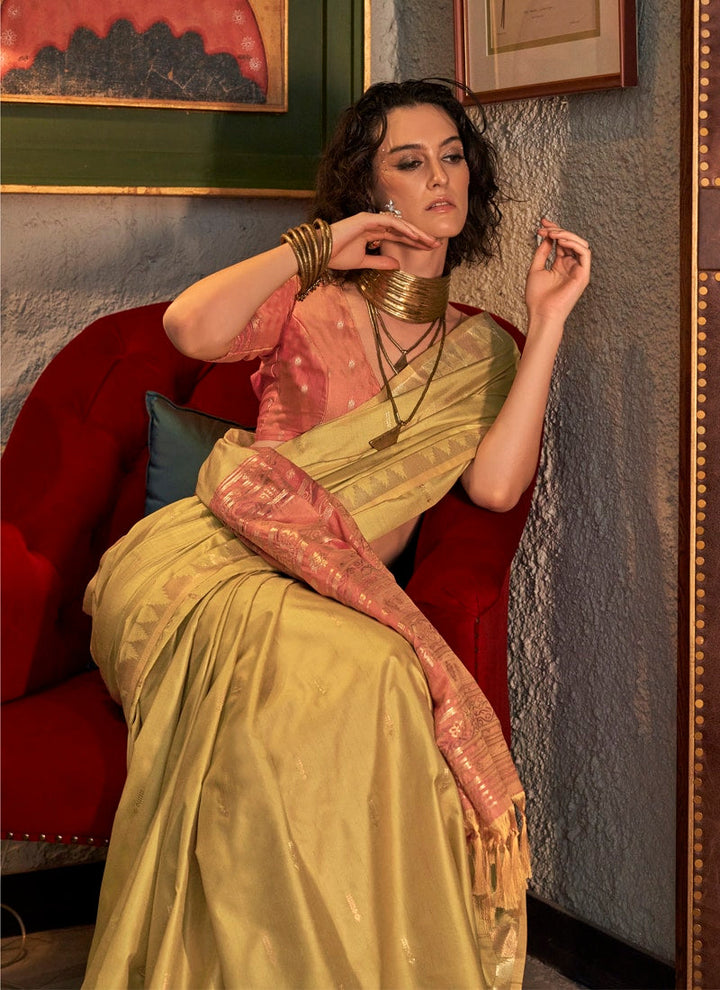 Lassya Fashion Mustard Yellow Tussar Silk Handloom Weaving Saree with Ikkat Pallu