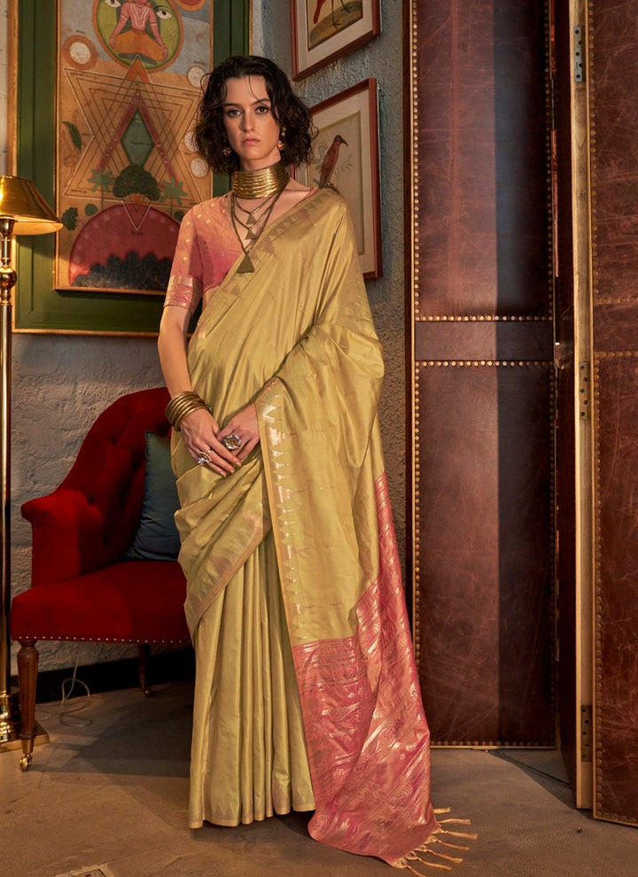 Lassya Fashion Mustard Yellow Tussar Silk Handloom Weaving Saree with Ikkat Pallu