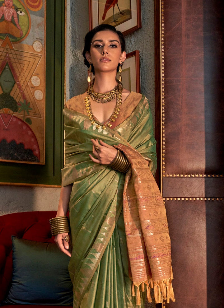 Lassya Fashion Pista Green Tussar Silk Handloom Weaving Saree with Ikkat Pallu