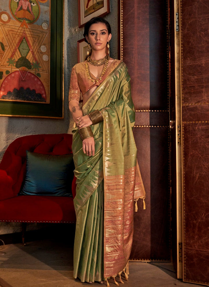 Lassya Fashion Pista Green Tussar Silk Handloom Weaving Saree with Ikkat Pallu