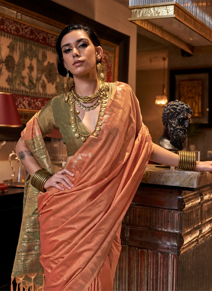 Lassya Fashion Peachy Orange Tussar Silk Handloom Weaving Saree with Ikkat Pallu