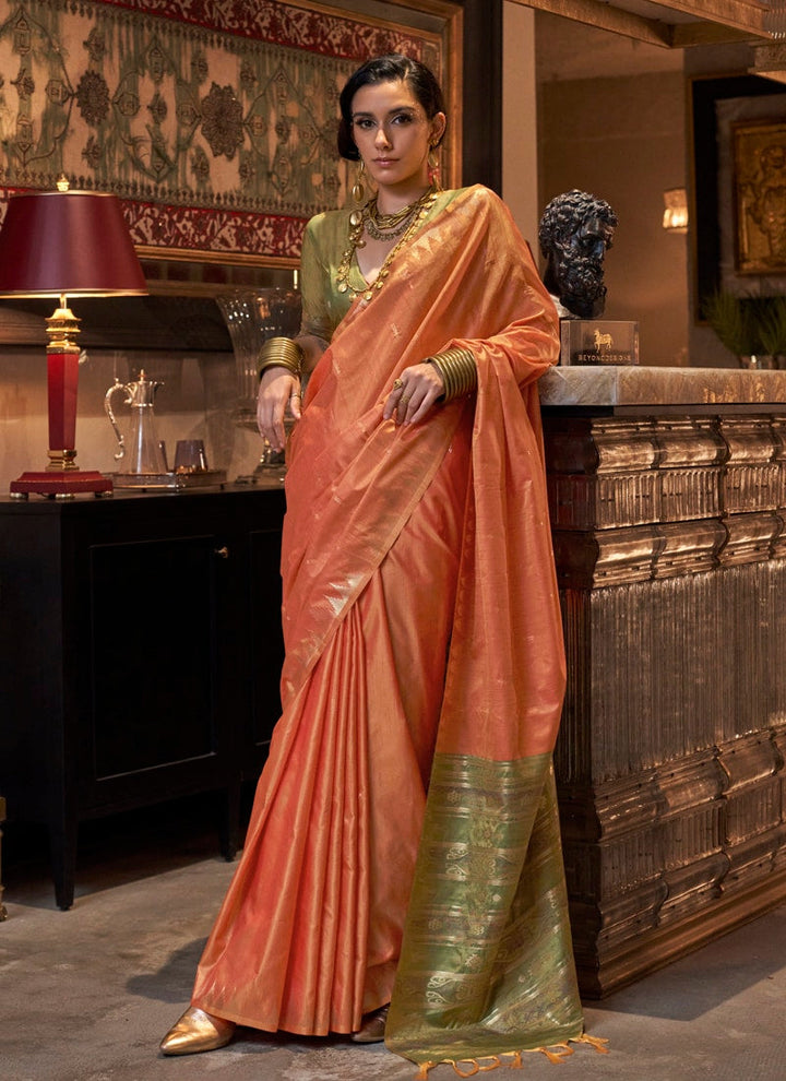 Lassya Fashion Peachy Orange Tussar Silk Handloom Weaving Saree with Ikkat Pallu