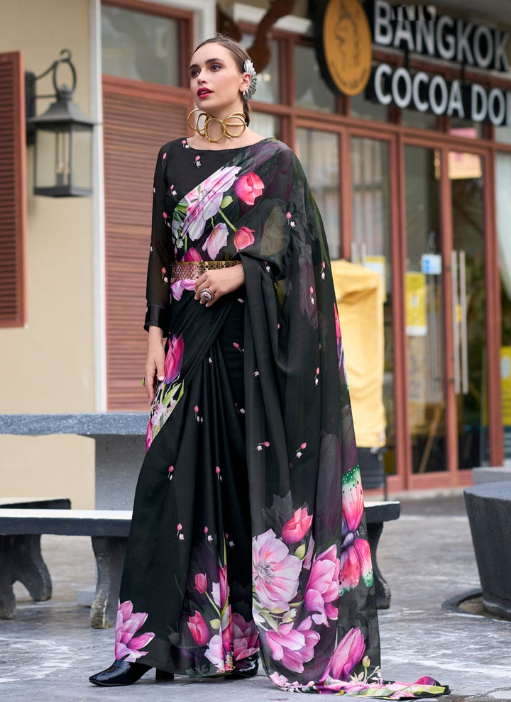 Lassya Fashion Black Pure Georgette Printed Saree