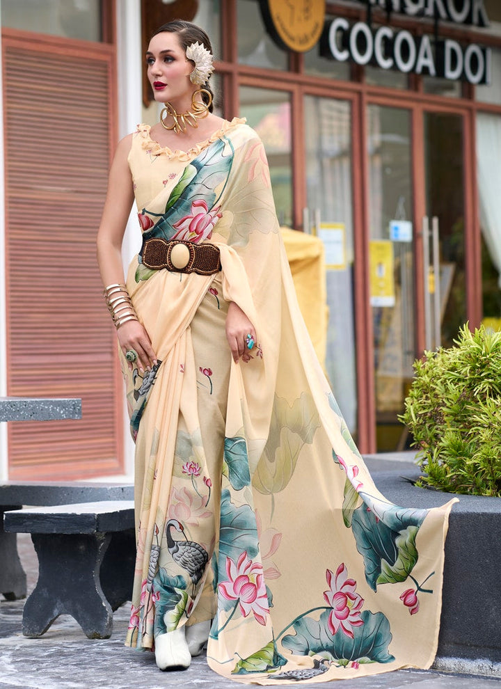 Lassya Fashion Cream Pure Georgette Printed Saree