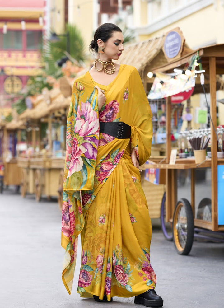 Lassya Fashion Yellow Pure Georgette Printed Saree