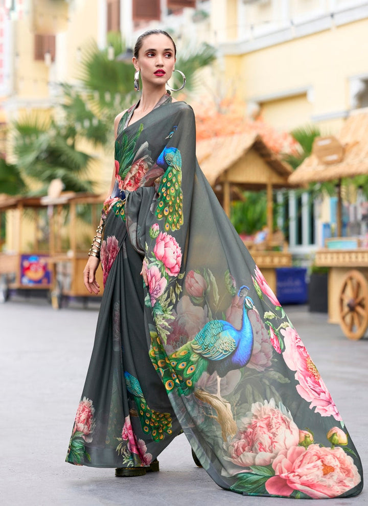 Lassya Fashion Dark Grey Pure Georgette Printed Saree