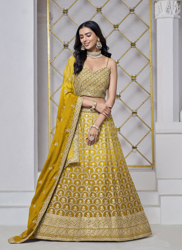 Lassya Fashion Yellow Chinnon Fabric Wedding Lehenga for Sangeet