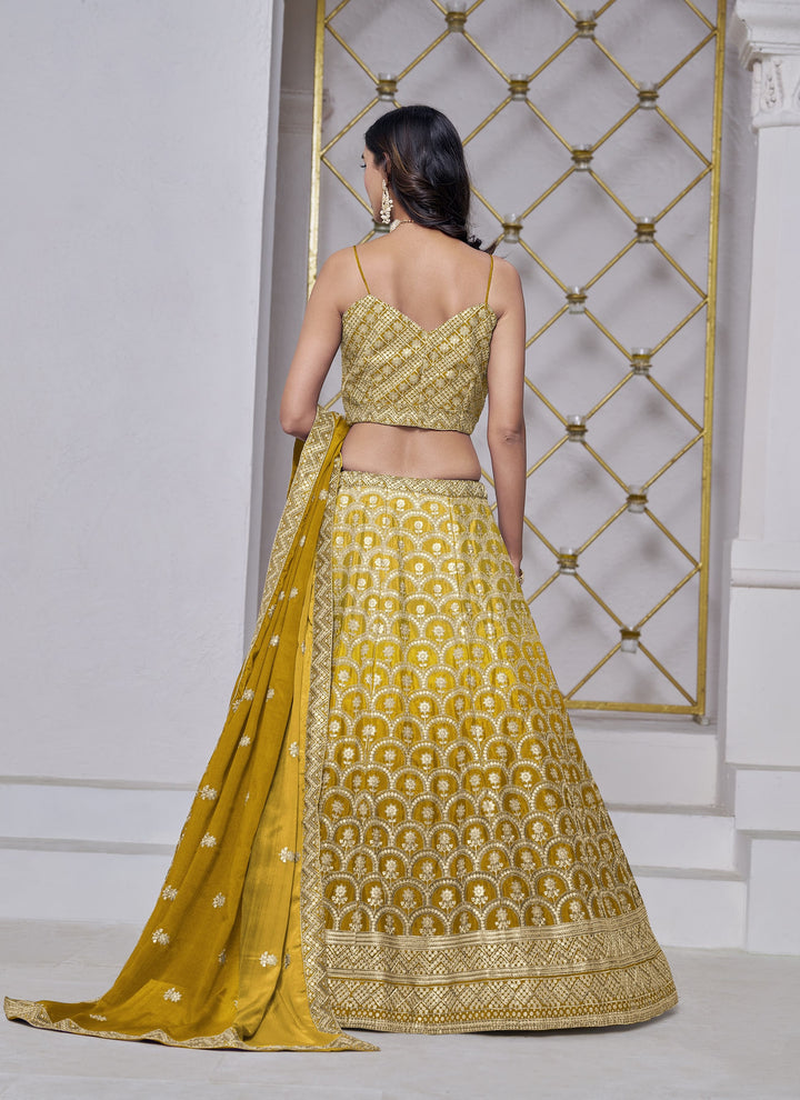 Lassya Fashion Yellow Chinnon Fabric Wedding Lehenga for Sangeet