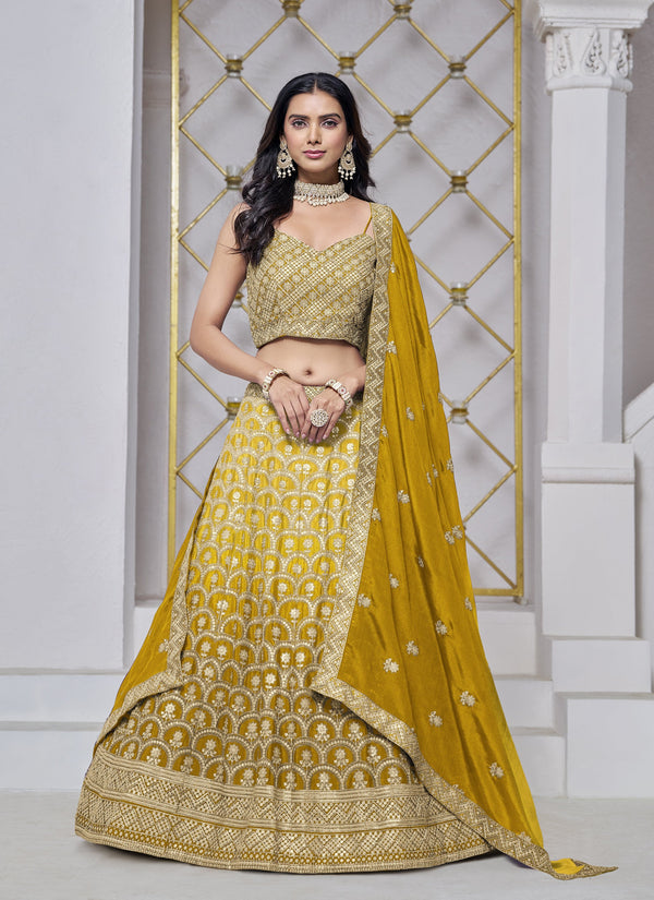 Lassya Fashion Yellow Chinnon Fabric Wedding Lehenga for Sangeet