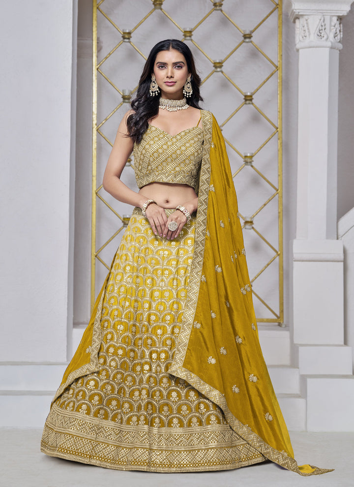 Lassya Fashion Yellow Chinnon Fabric Wedding Lehenga for Sangeet