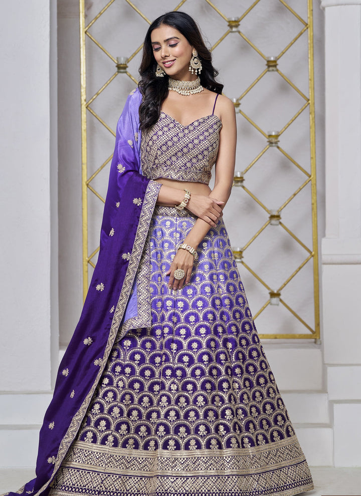 Lassya Fashion Violet Chinnon Fabric Wedding Lehenga for Sangeet