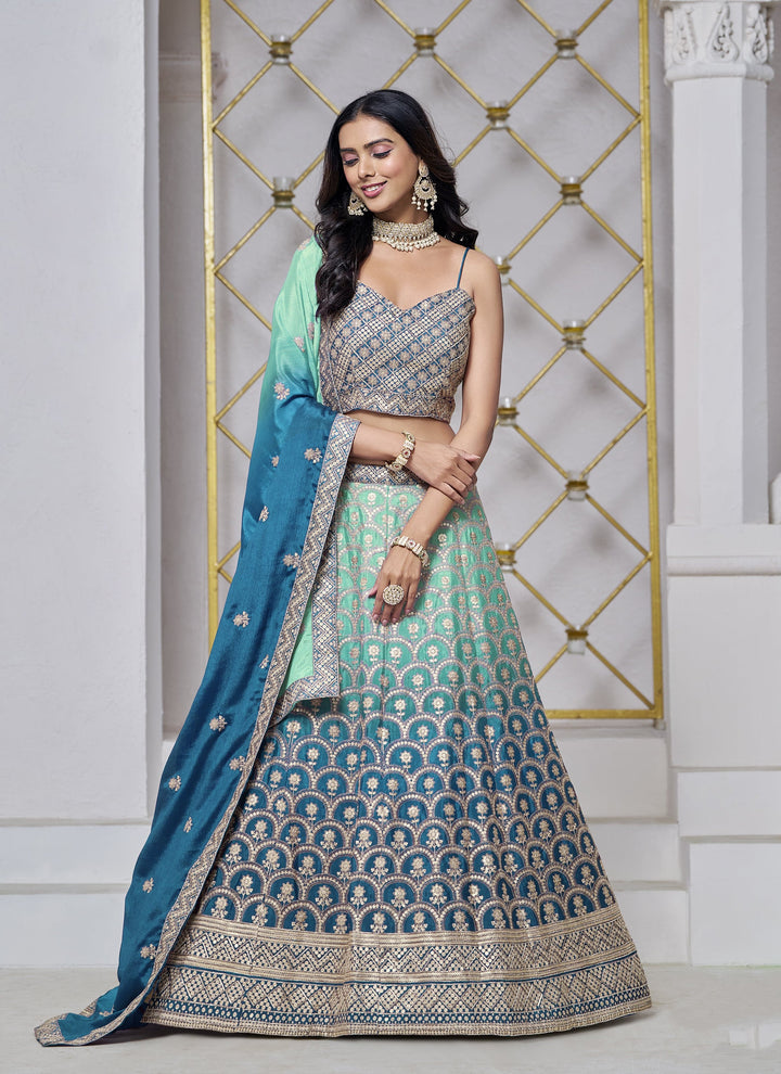 Lassya Fashion Sky Blue Chinnon Fabric Wedding Lehenga for Sangeet