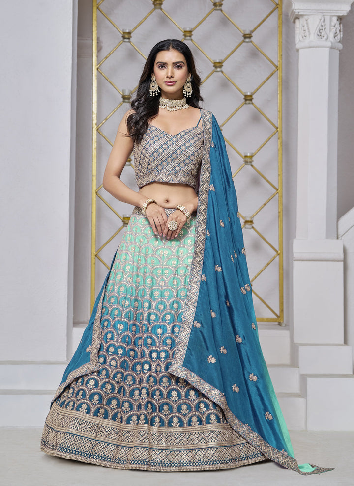 Lassya Fashion Sky Blue Chinnon Fabric Wedding Lehenga for Sangeet