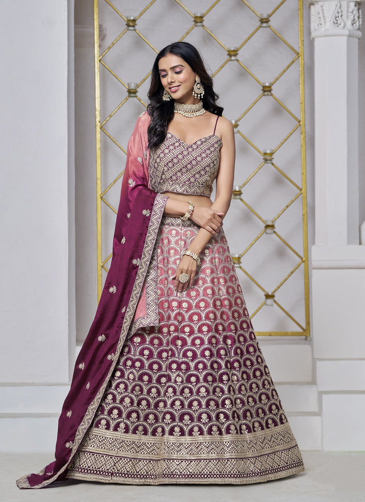 Lassya Fashion Maroon Chinnon Fabric Wedding Lehenga for Sangeet