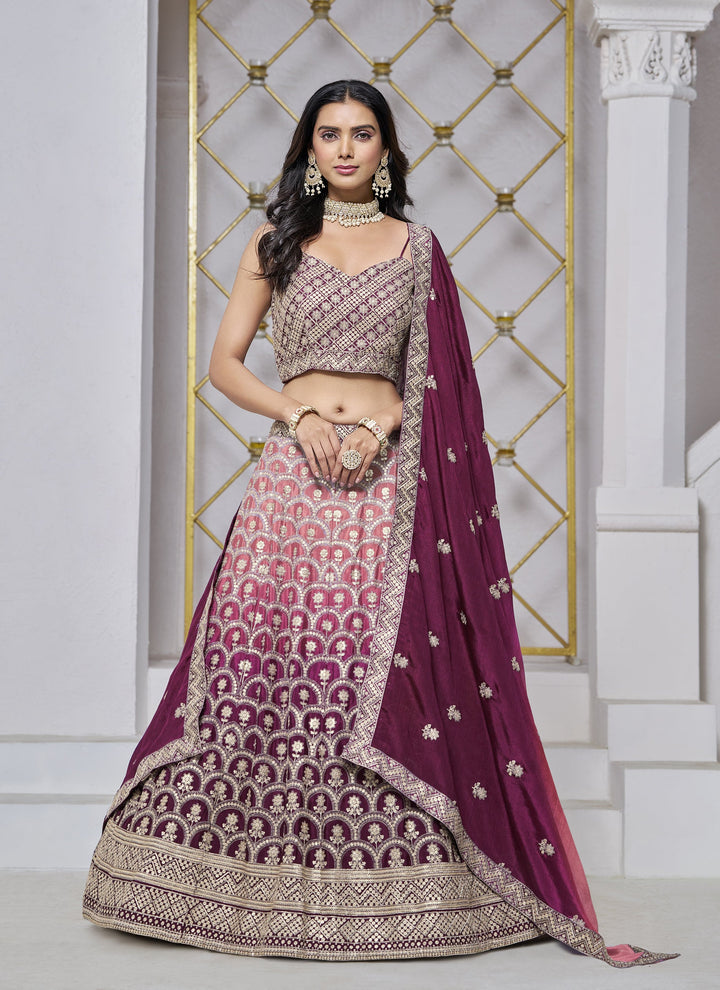 Lassya Fashion Maroon Chinnon Fabric Wedding Lehenga for Sangeet