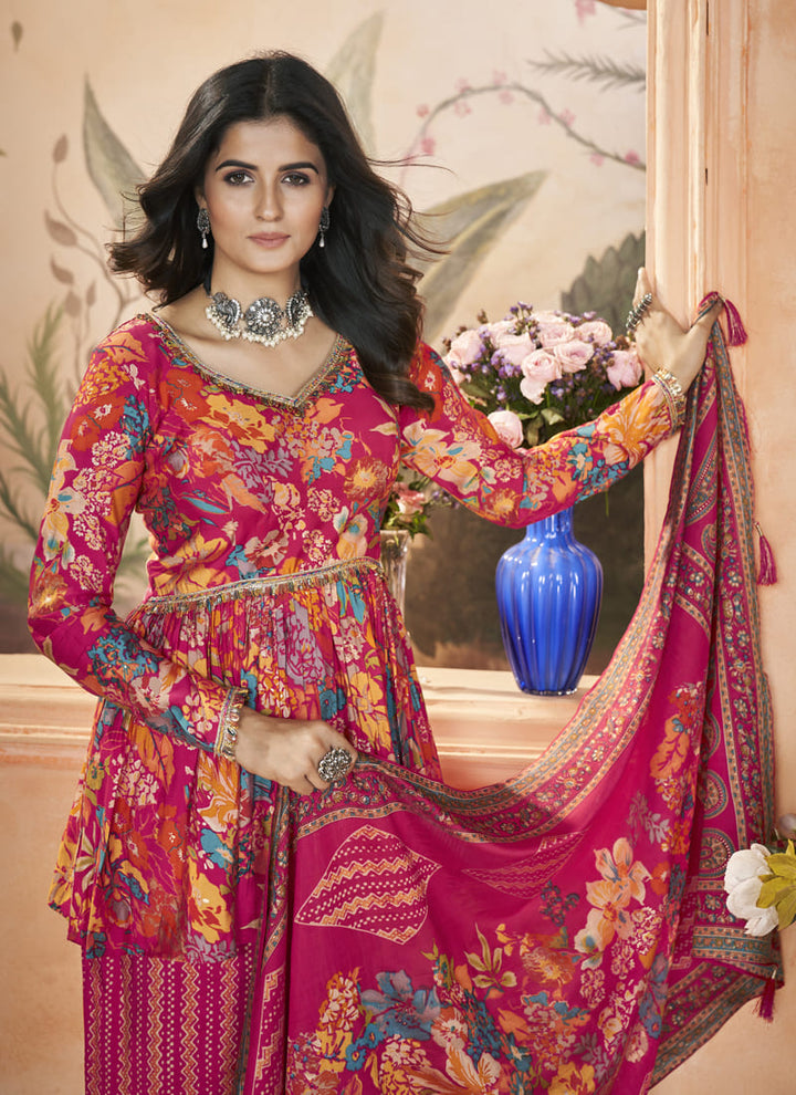 Lassya Fashion Red Silk Sharara Suit with Digital Print