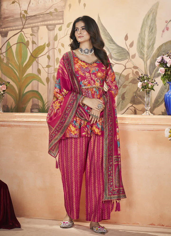 Lassya Fashion Red Silk Sharara Suit with Digital Print