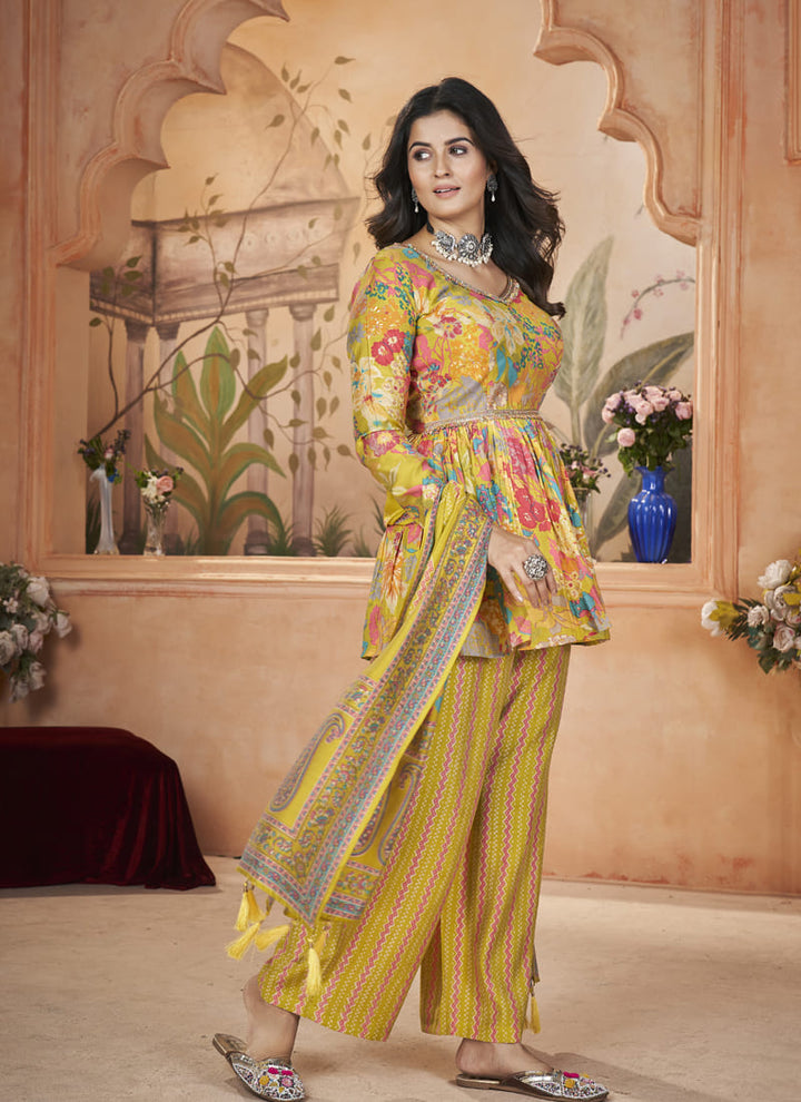 Lassya Fashion Yellow Silk Sharara Suit with Digital Print