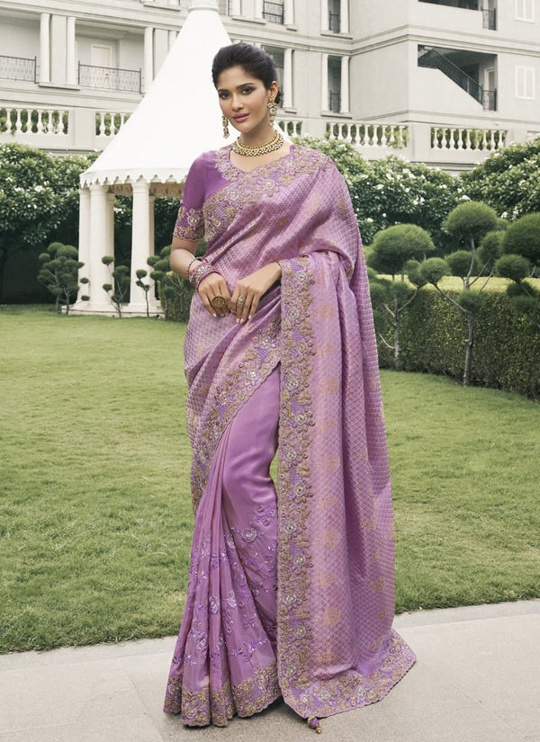 Lassya Fashion Pink Lavender Pure Tissue Silk Saree with Mirror-Zari Work