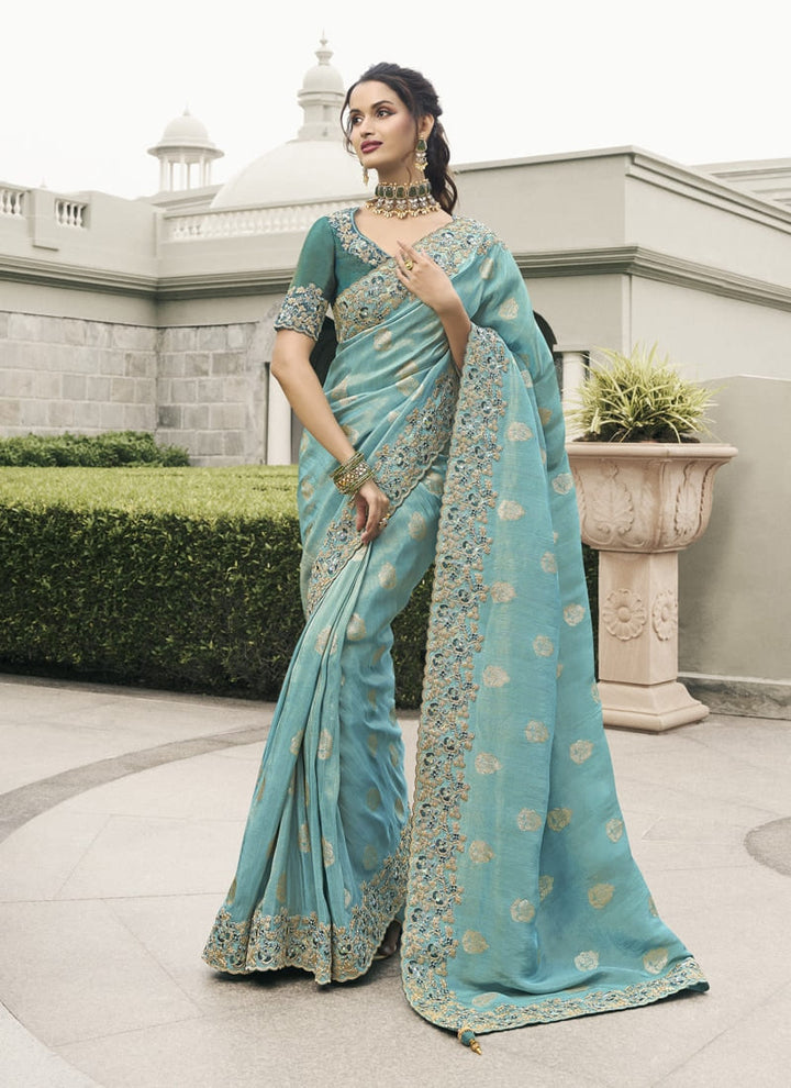 Lassya Fashion Sky Blue Pure Tissue Silk Saree with Mirror-Zari Work