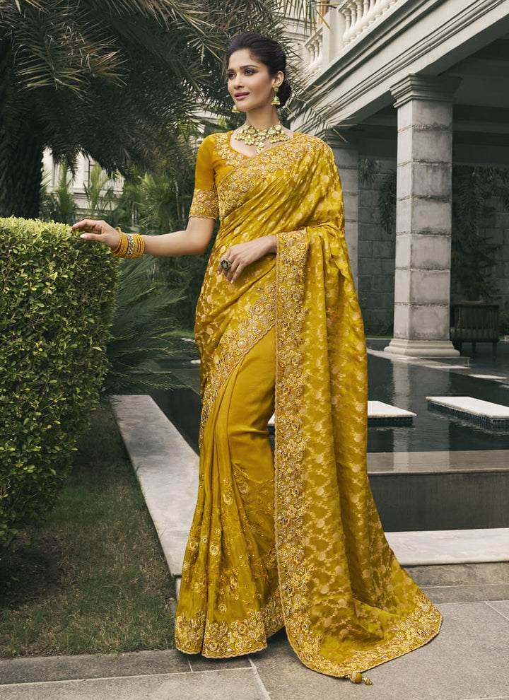 Lassya Fashion Mustard Yellow Pure Tissue Silk Saree with Mirror-Zari Work