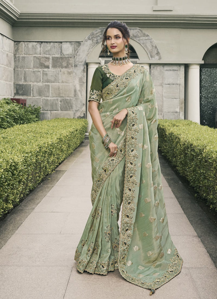 Lassya Fashion Pista Green Pure Tissue Silk Saree with Mirror-Zari Work