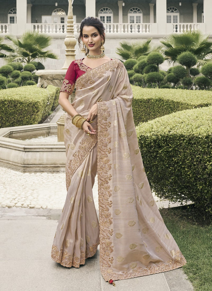 Lassya Fashion Beige Cream Pure Tissue Silk Saree with Mirror-Zari Work