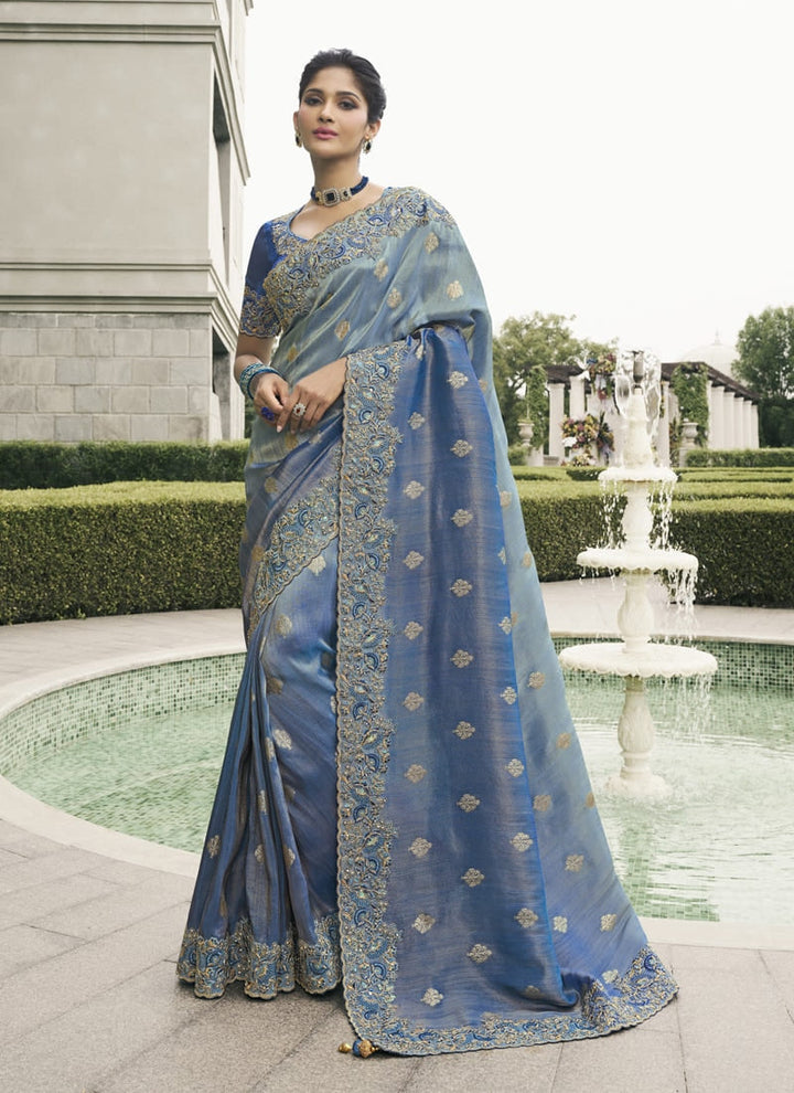 Lassya Fashion Blue Pure Tissue Silk Saree with Mirror-Zari Work