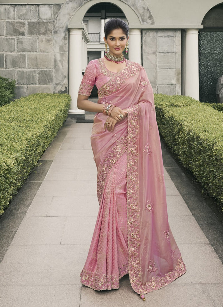 Lassya Fashion Dusty Pink Pure Tissue Silk Saree with Mirror-Zari Work