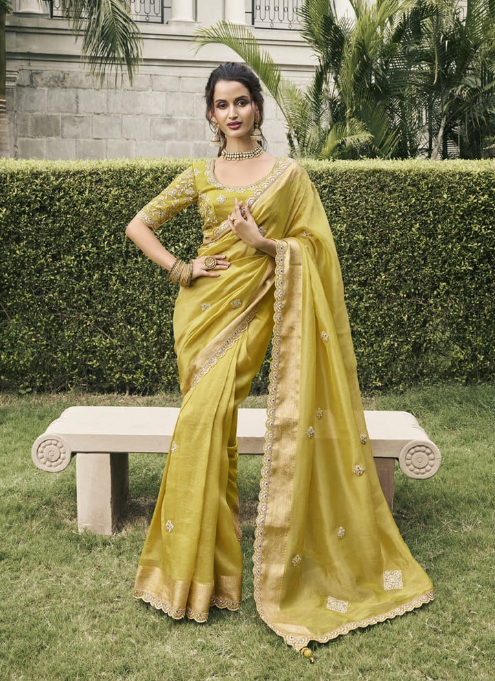 Lassya Fashion Sunflower Yellow Pure Tissue Silk Saree with Mirror-Zari Work