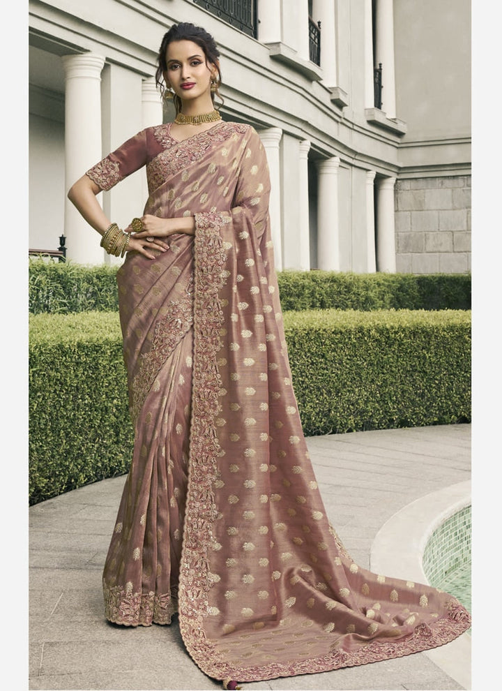 Lassya Fashion Light Brown Pure Tissue Silk Saree with Mirror-Zari Work