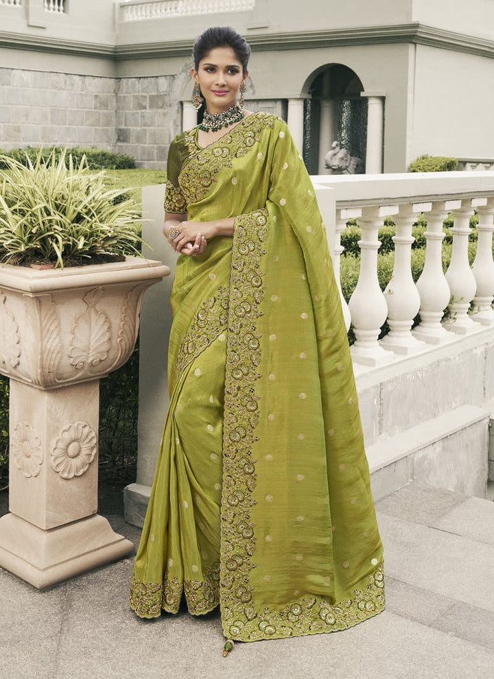 Lassya Fashion Greenish-Yellow Pure Tissue Silk Saree with Mirror-Zari Work