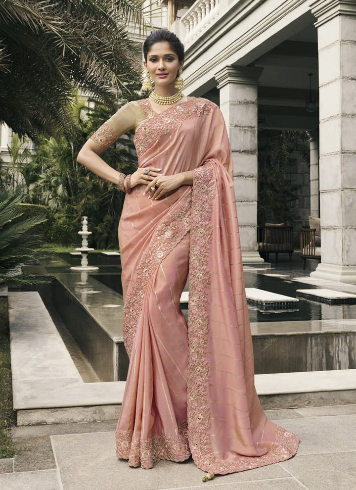 Lassya Fashion Peach Pure Tissue Silk Saree with Mirror-Zari Work