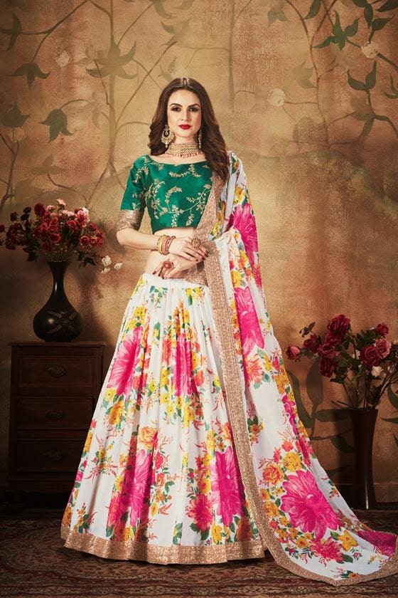 Off White & Green Floral Lehenga Choli with Digital Print and Embroidery Work