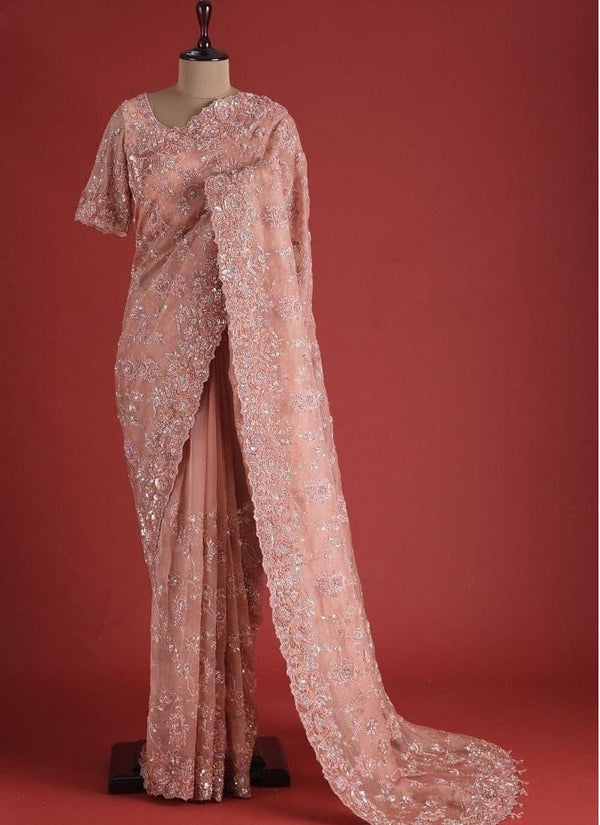 Lassya Fashion Lemonade Pink Elegant Khadi Organza Silk Saree with Embroidery and Sequins