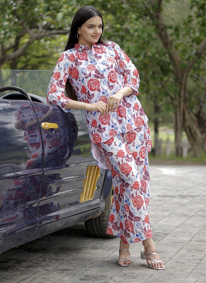 Lassya Fashion Red Floral Print Kurti Set in Pure Muslin Fabric