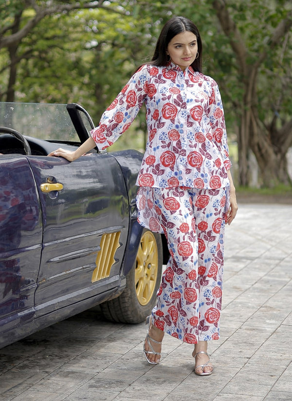 Lassya Fashion Red Floral Print Kurti Set in Pure Muslin Fabric