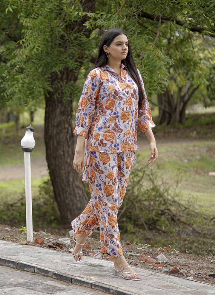 Lassya Fashion Orange Floral Print Kurti Set in Pure Muslin Fabric