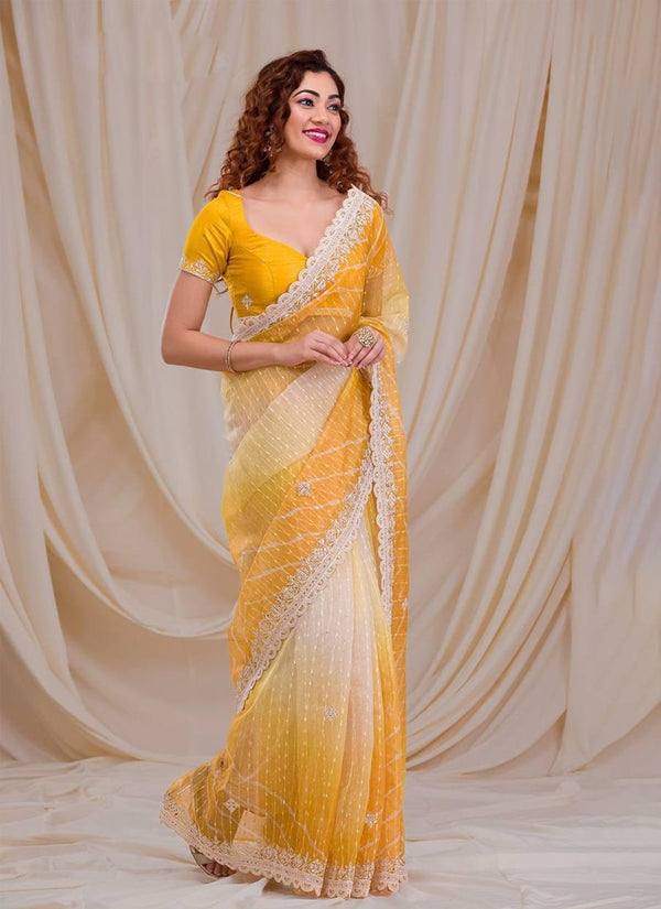 Lassya Fashion Yellow Exquisite Georgette Saree with Intricate Embroidery and Sequins Work