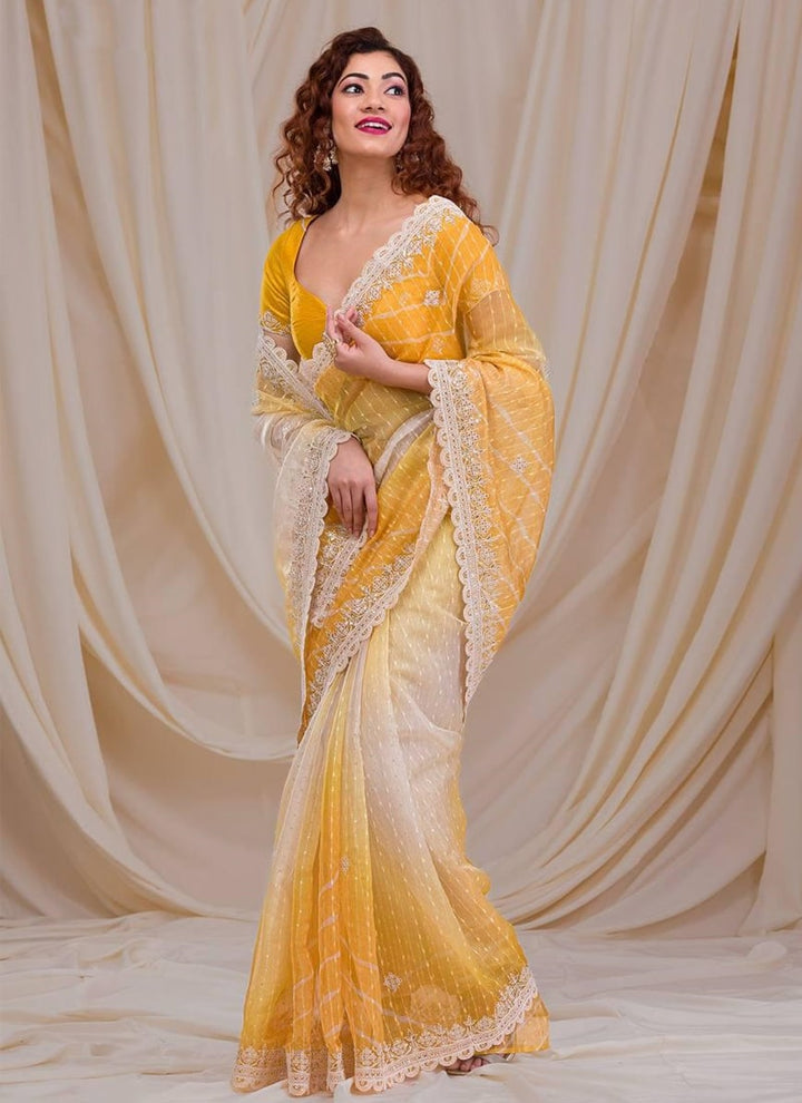 Lassya Fashion Yellow Exquisite Georgette Saree with Intricate Embroidery and Sequins Work
