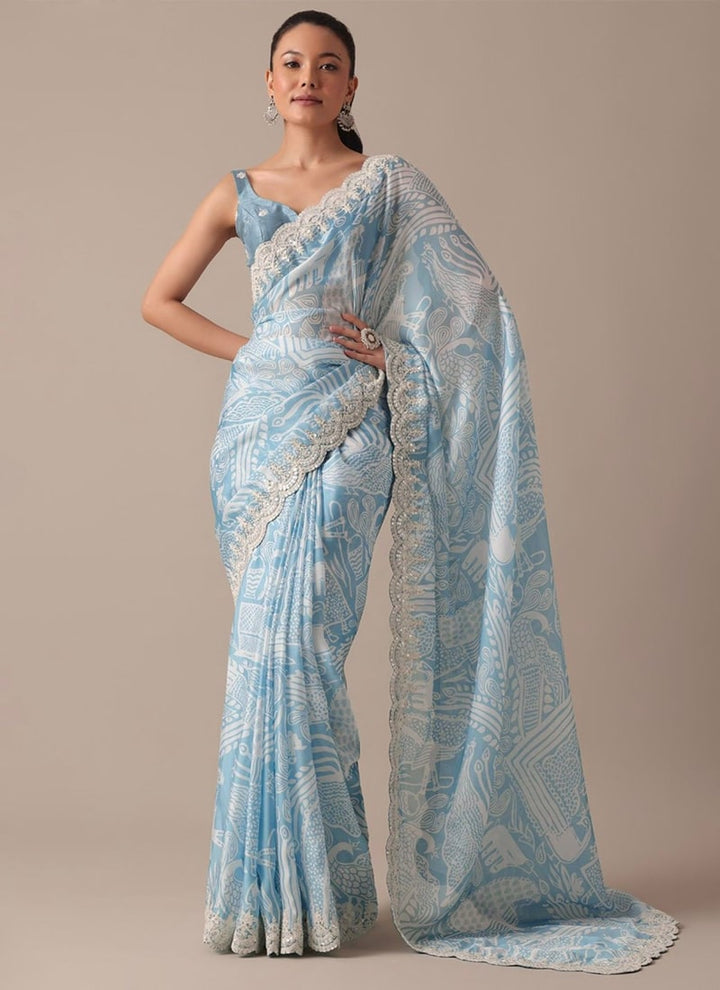 Lassya Fashion Sky Blue Georgette Saree with Digital Prints and Elegant Embroidery