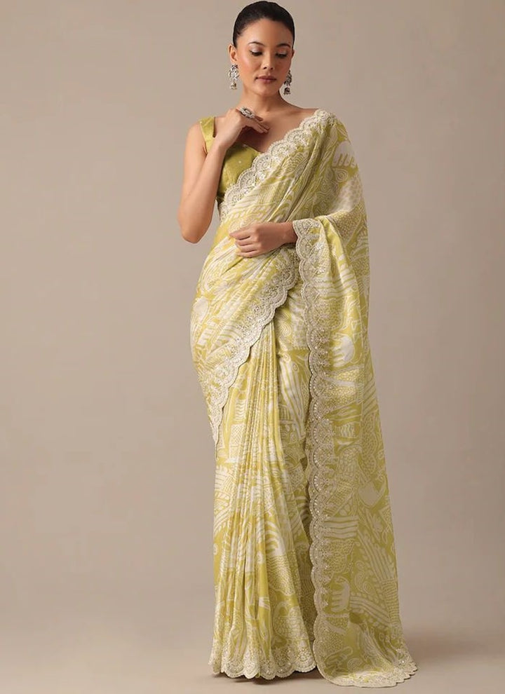 Lassya Fashion Beige Georgette Saree with Digital Prints and Elegant Embroidery