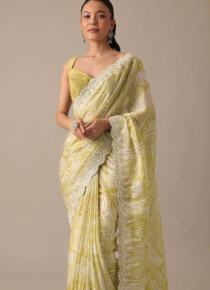 Lassya Fashion Beige Georgette Saree with Digital Prints and Elegant Embroidery