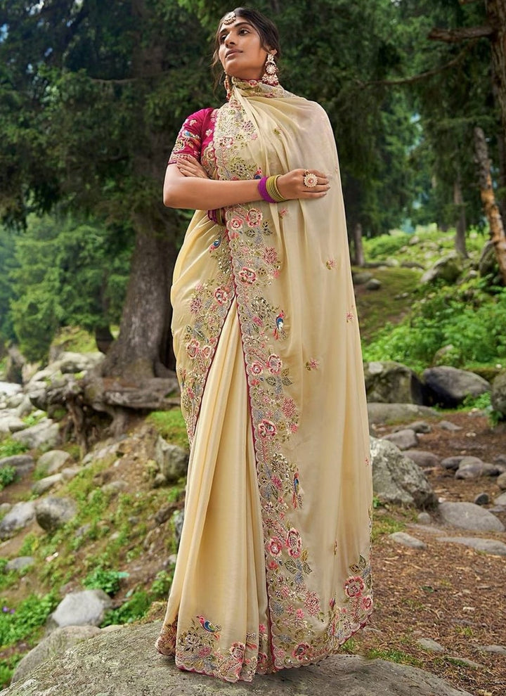 Lassya Fashion Butter Cream Exquisite Embroidered Soft Zimmy Cho Silk Saree