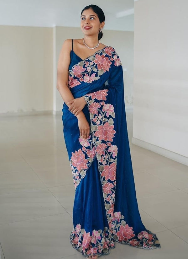 Lassya Fashion Blue Elegant Embroidered Rangoli Silk Saree