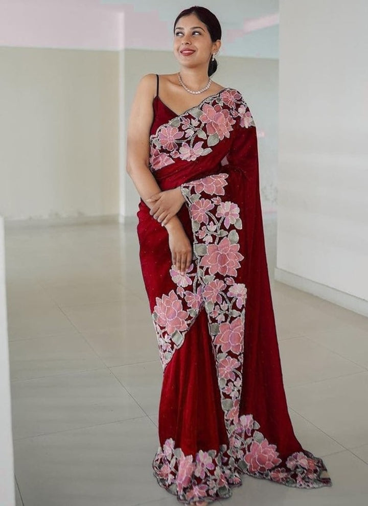Lassya Fashion Maroon Elegant Embroidered Rangoli Silk Saree