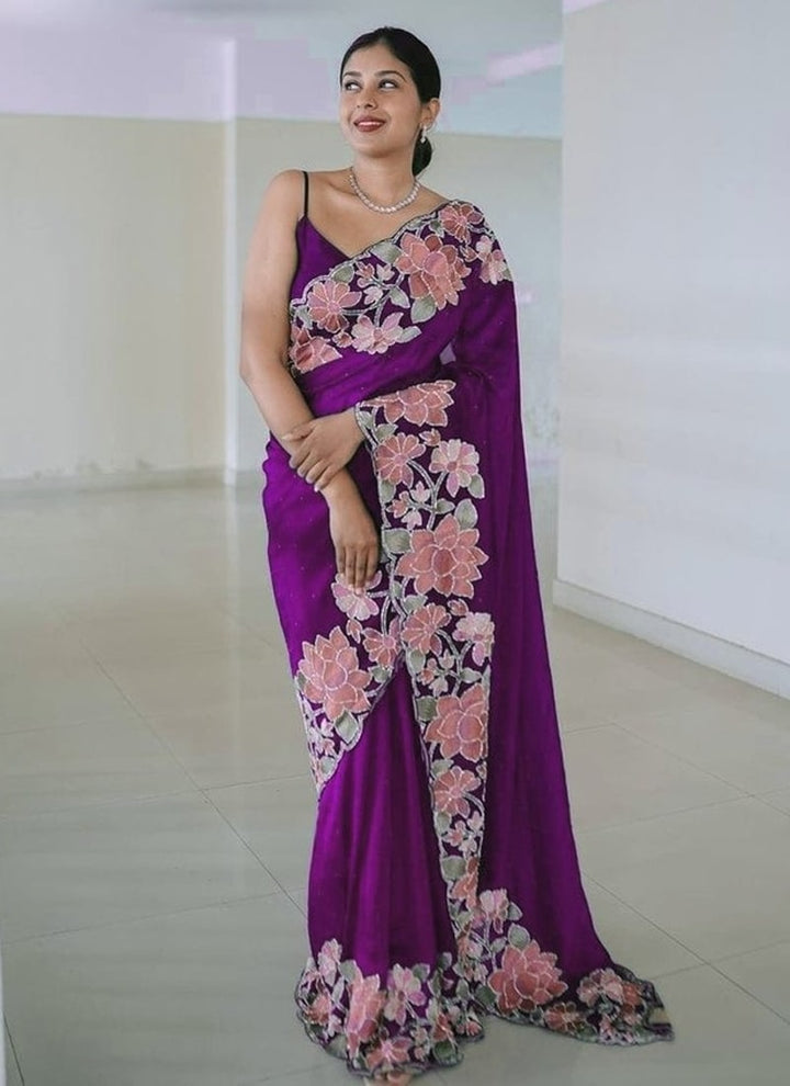 Lassya Fashion Purple Elegant Embroidered Rangoli Silk Saree