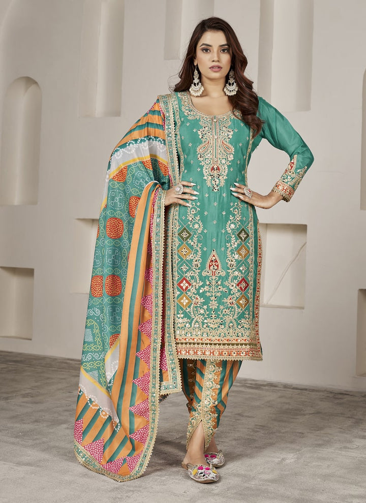 Lassya Fashion Teal Green Handmade Mirror Work Embroidered Salwar Suit