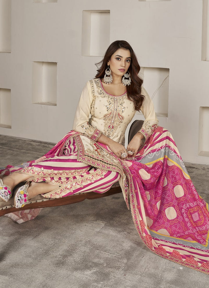 Lassya Fashion Cream Handmade Mirror Work Embroidered Salwar Suit