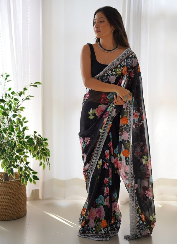 Lassya Fashion Black Floral Digital Print Georgette Saree with Blouse